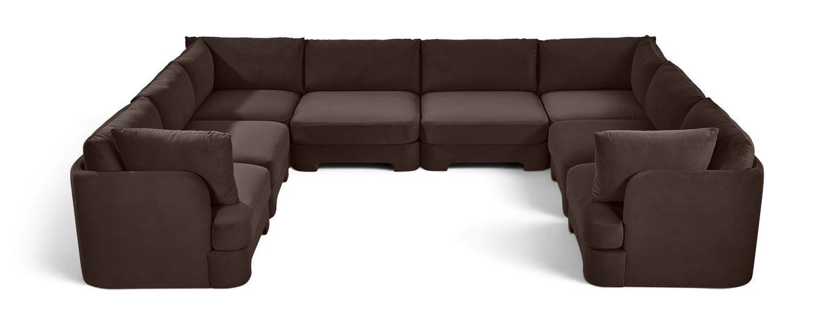 Dark brown velvet U-shaped sectional sofa, 8-piece set with padded armrests