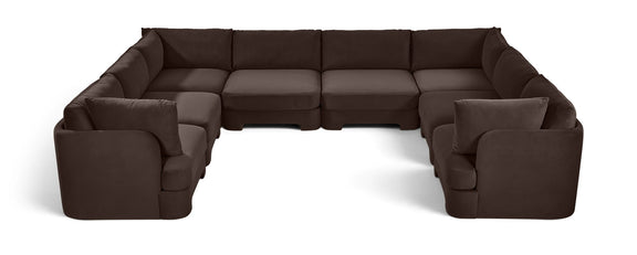 Dark brown velvet U-shaped sectional sofa, 8-piece set with padded armrests