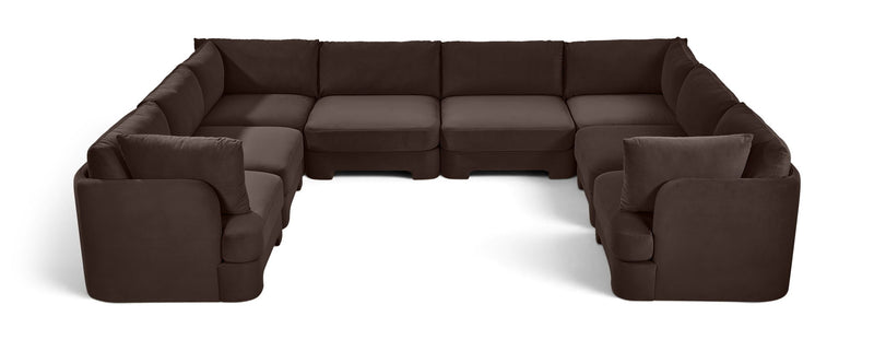 Dark brown velvet U-shaped sectional sofa, 8-piece set with padded armrests