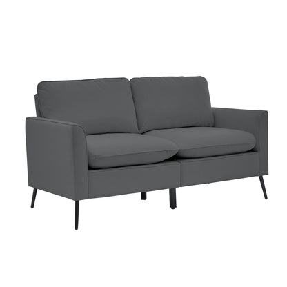 Dark gray upholstered loveseat sofa with tufted back cushions and tapered legs