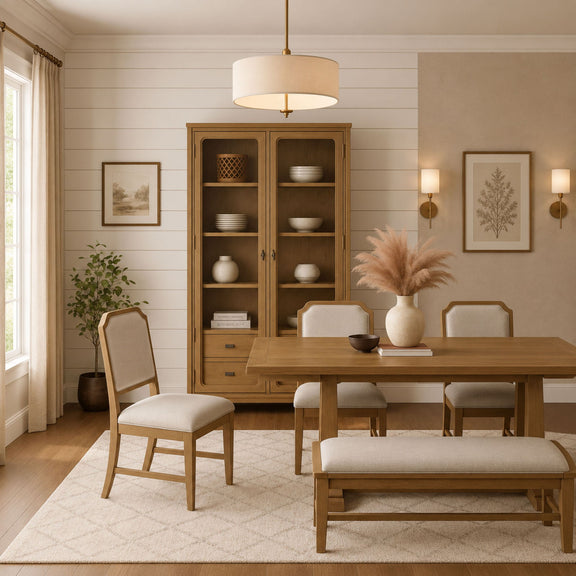 Dark brown glass-door display cabinet with shelves and drawers in a dining room