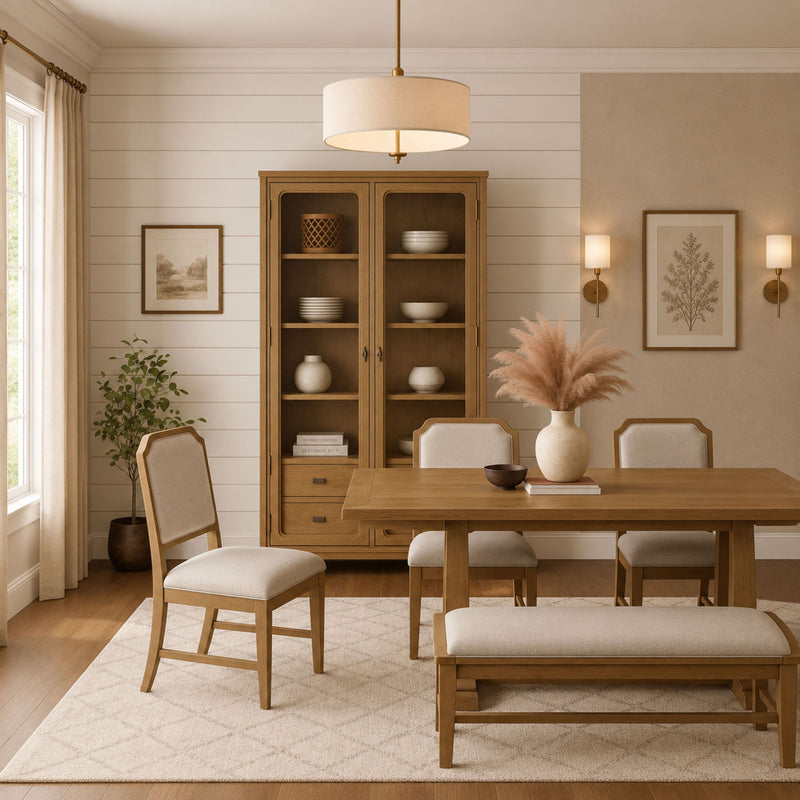 Dark brown glass-door display cabinet with shelves and drawers in a dining room