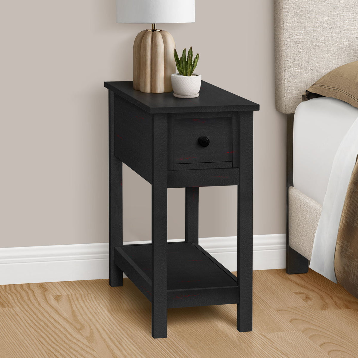 Accent End Table, 2 Tier, Narrow, Lamp, Storage Drawer, Charming Design