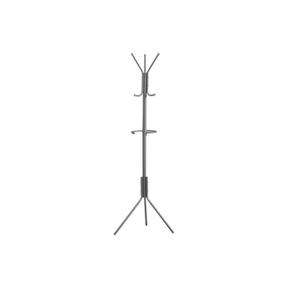 Freestanding dark gray coat rack with 6 curved hooks and umbrella holder on tripod base