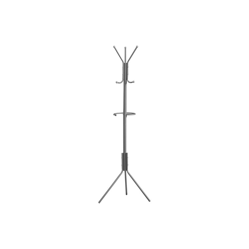 Freestanding dark gray coat rack with 6 curved hooks and umbrella holder on tripod base