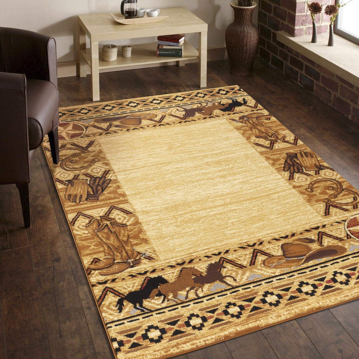 Beige southwest area rug with animal medallions and dark geometric border
