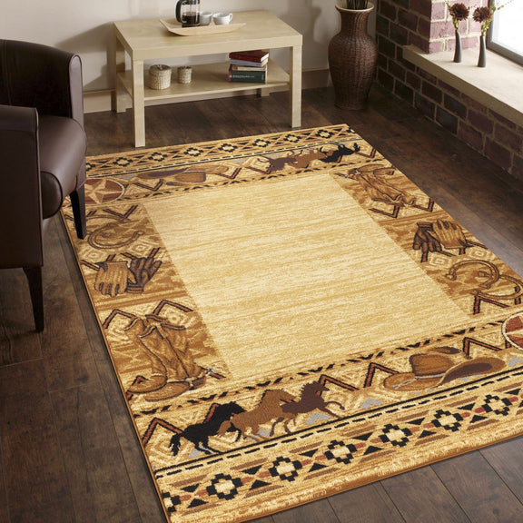 Beige southwest area rug with animal medallions and dark geometric border