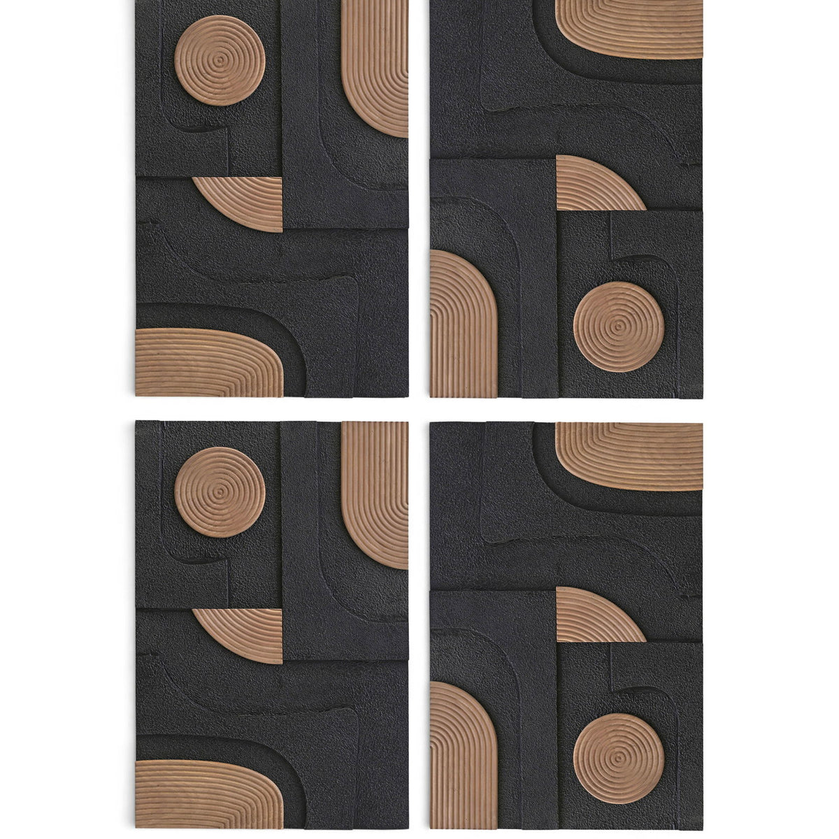 Set of 4 black textured wood wall art panels with circular and curved mango wood inlays