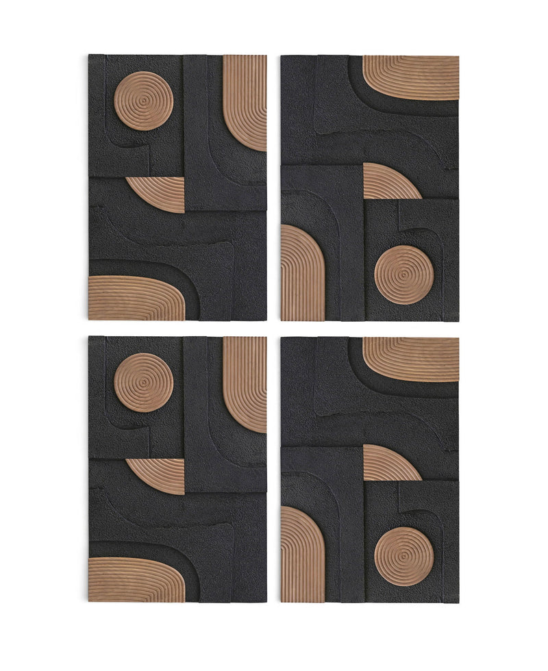 Set of 4 black textured wood wall art panels with circular and curved mango wood inlays