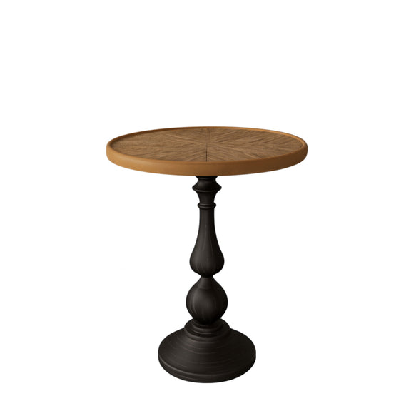 Round end table with natural wood round top and dark pedestal base