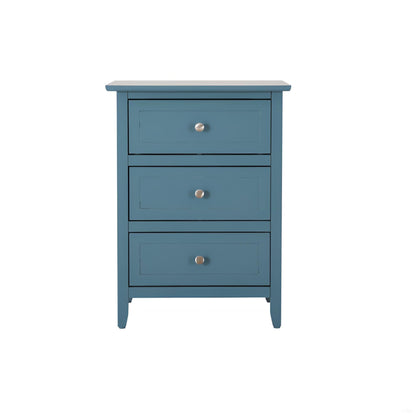 3-drawer nightstand painted blue with three drawers and round silver knobs