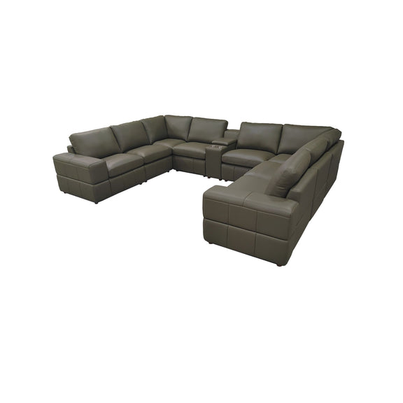 Modular U-shaped sectional sofa with large square arms, dark green upholstery with angled chaise.