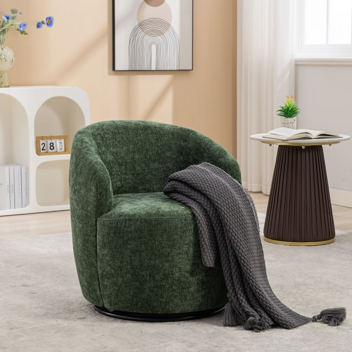 Chenille Fabric Swivel Accent Armchair Barrel Chair With Powder Coating Metal Ring