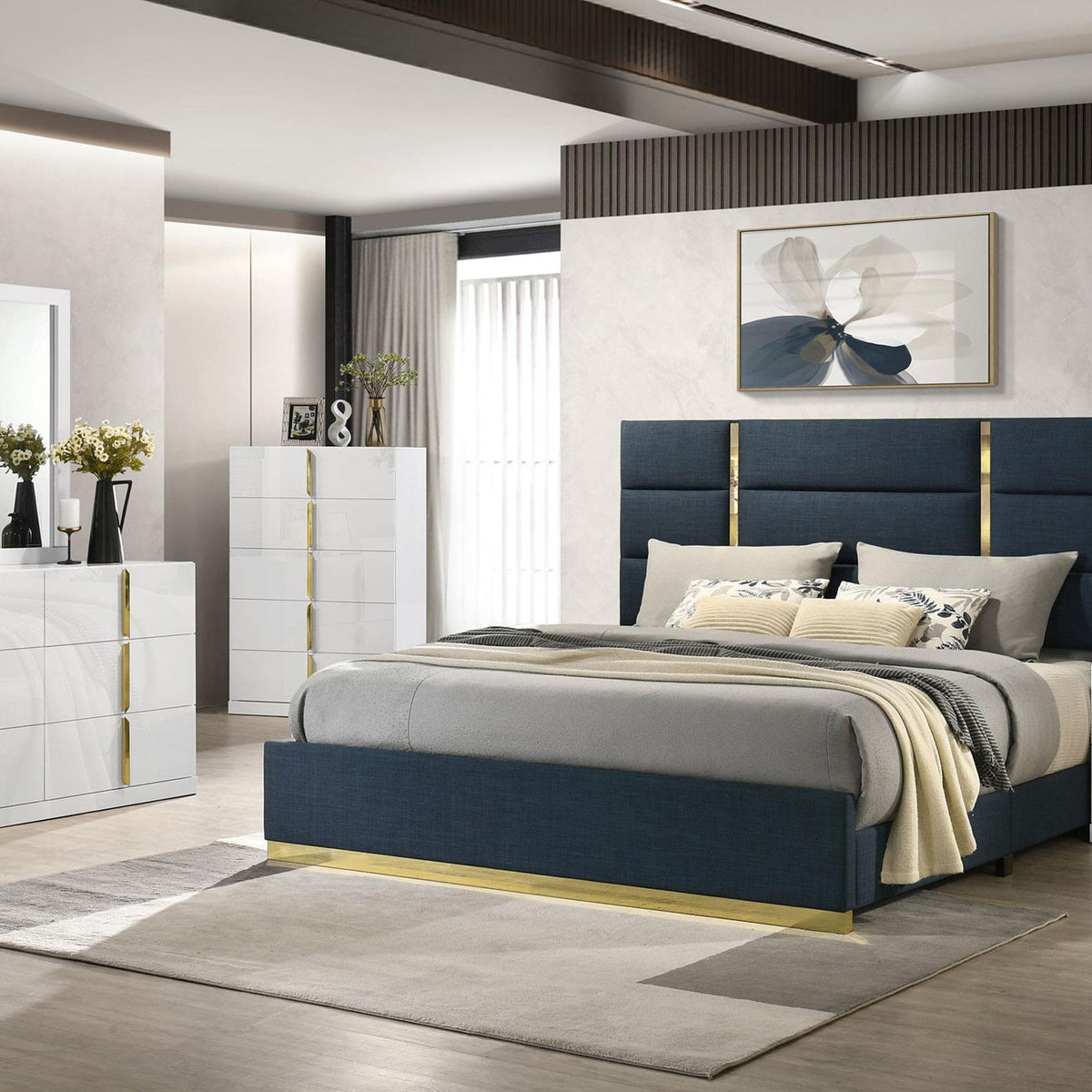 Ines 5-piece Queen Bedroom Set Navy and White High Gloss