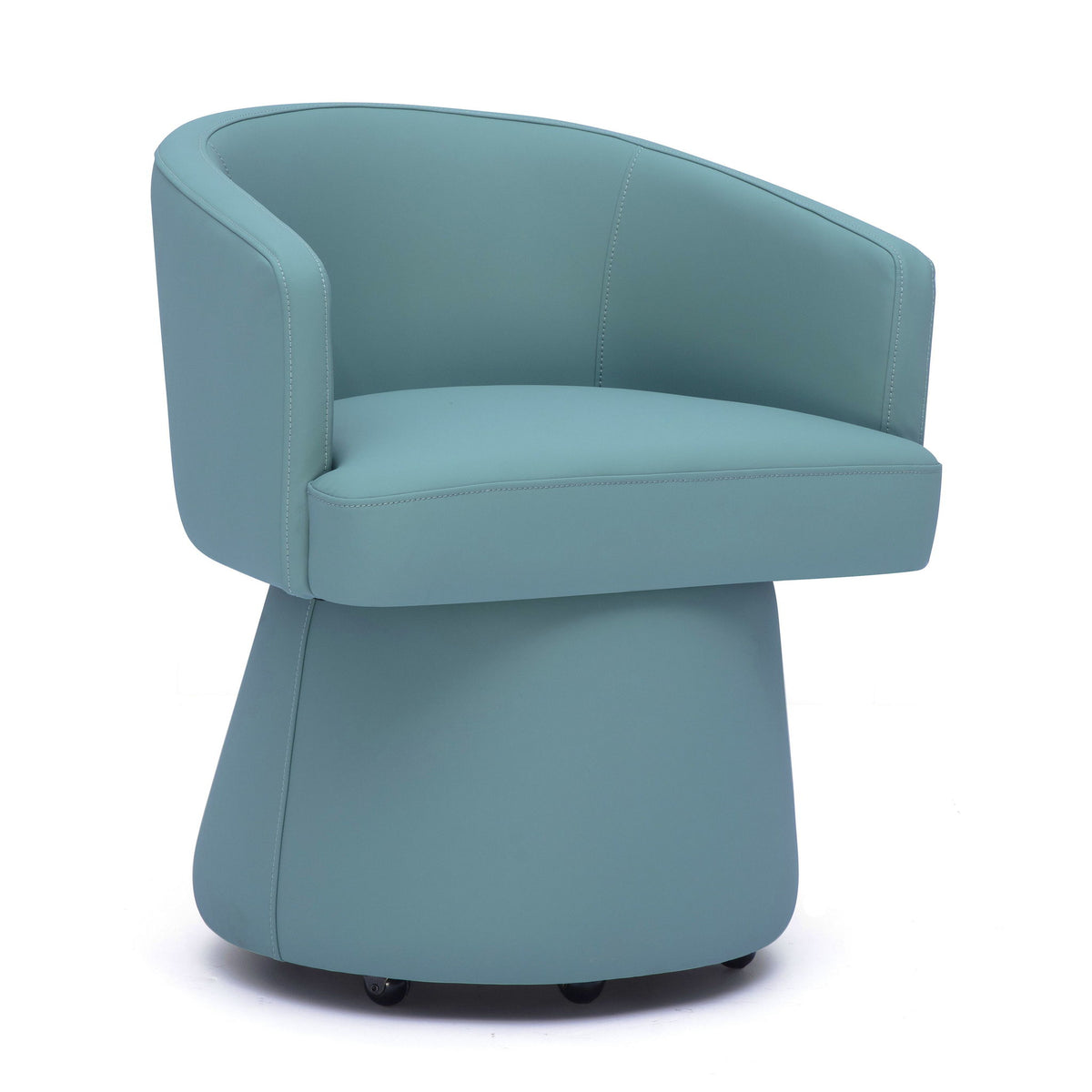 Teal faux leather desk chair with rounded back, padded seat, and swivel base