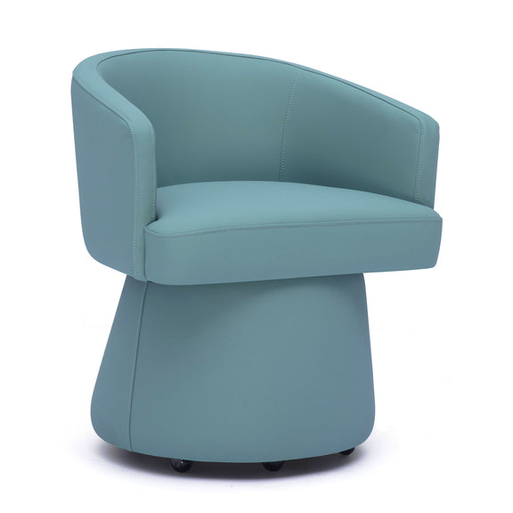 Teal faux leather desk chair with rounded back, padded seat, and swivel base