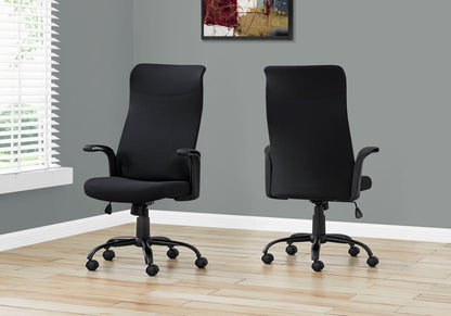 Black office chair with padded armrests, swivel base, and casters on wheels.