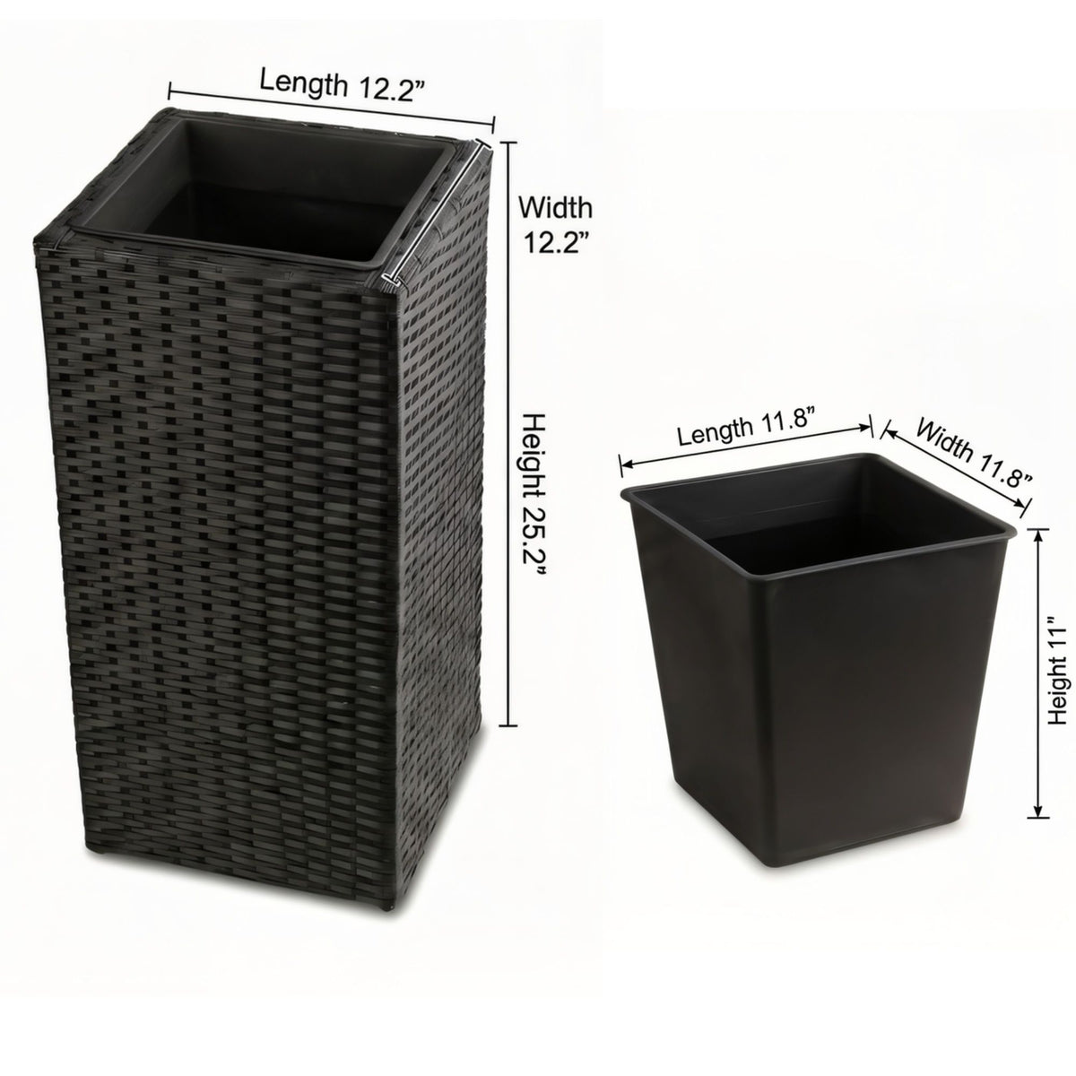 Black woven square planter box with dimensions of 12.2 by 12.2 by 25.2 inches