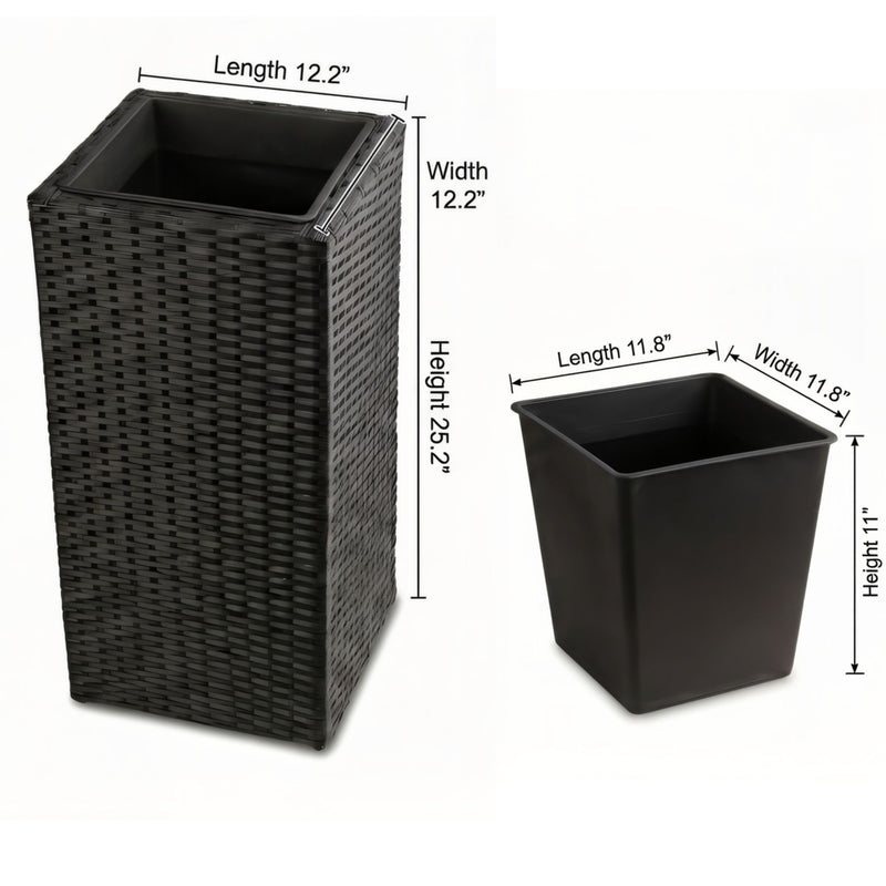 Black woven square planter box with dimensions of 12.2 by 12.2 by 25.2 inches
