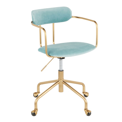 Light blue upholstered office chair with curved gold metal arms and swivel base