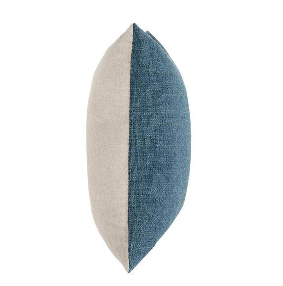 Two-tone side-view pillow: ivory back with ocean blue front panel