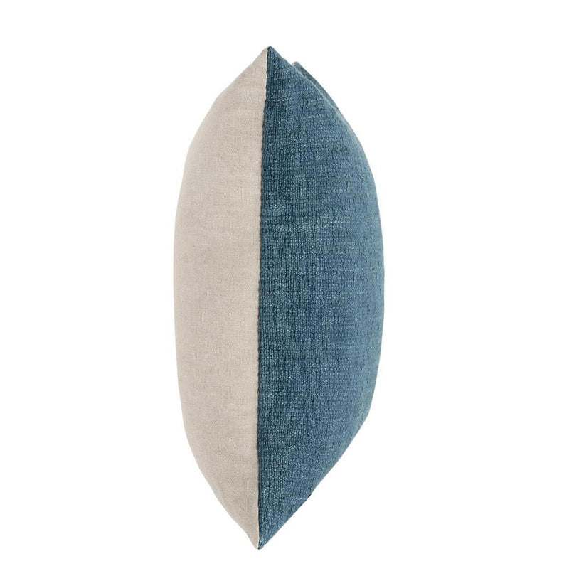 Two-tone side-view pillow: ivory back with ocean blue front panel