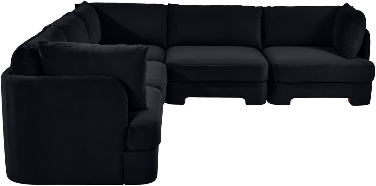 Black velvet corner sectional sofa, 5-piece set with modular chaise and back cushions.