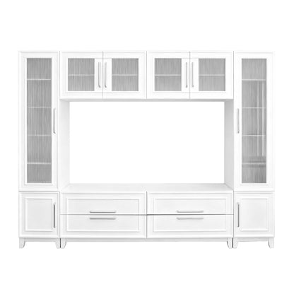 White entertainment console with glass doors, paneled cabinets and two center drawers