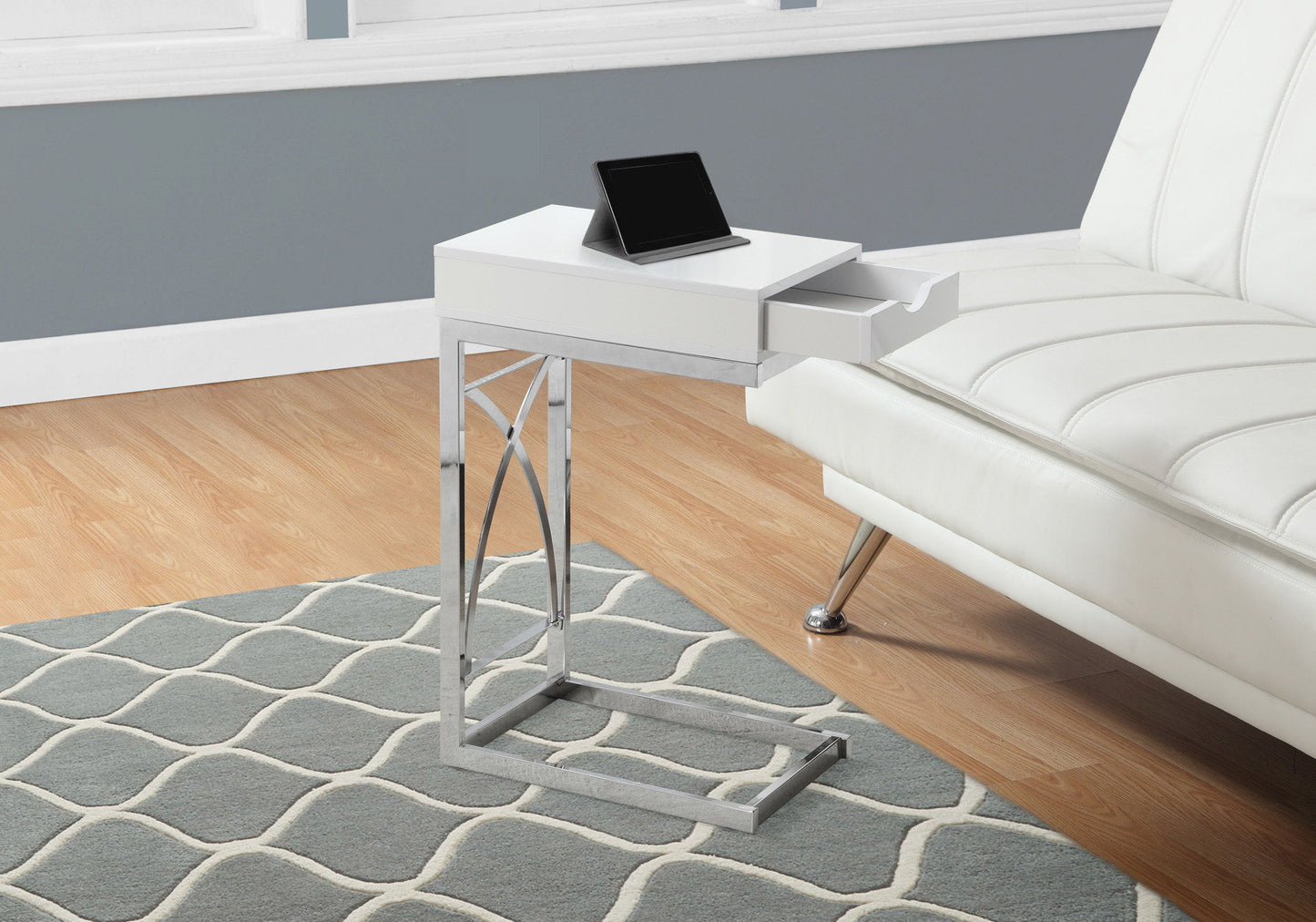 Accent Table, C - Shaped Glossy Contemporary & Modern - White