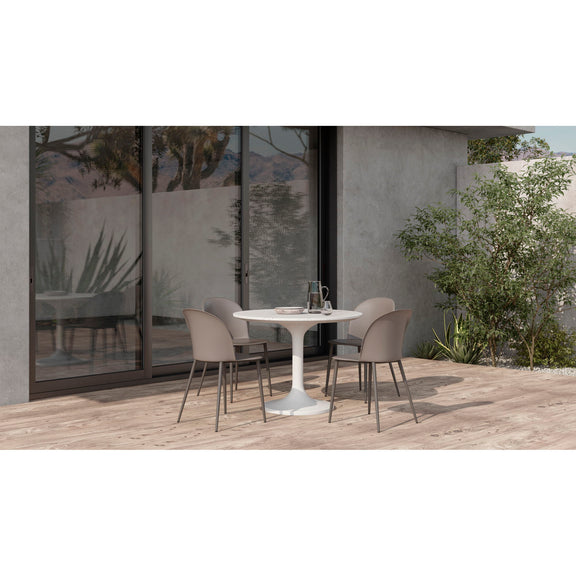 Pearl silver round cafe table with pedestal base on patio