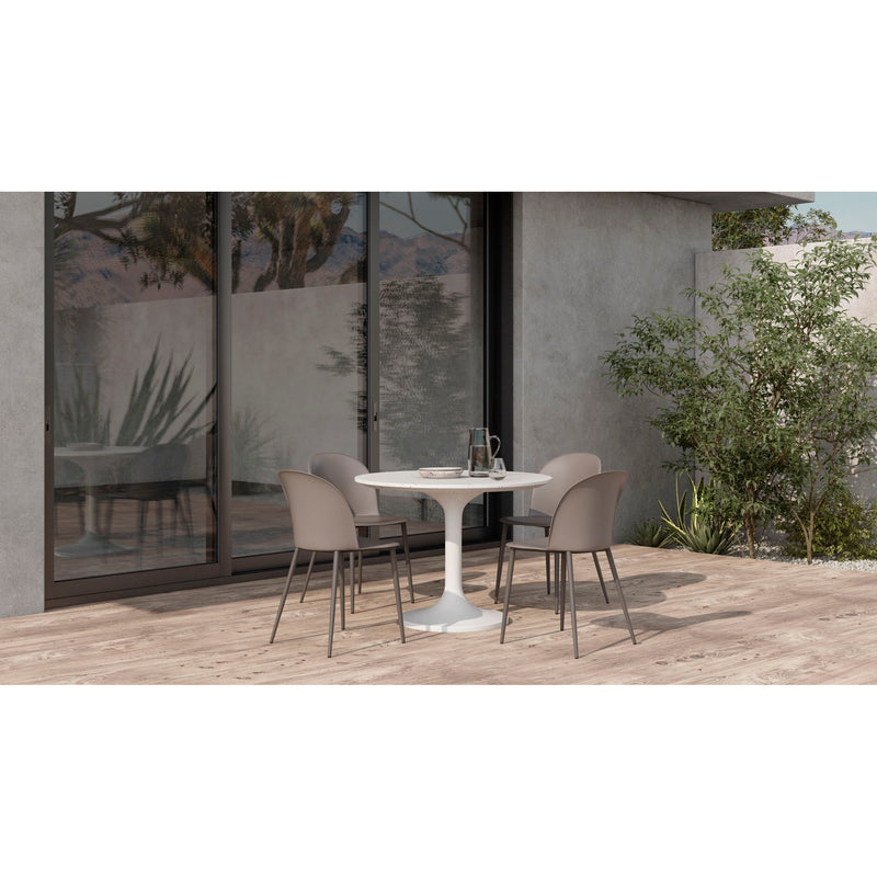 Pearl silver round cafe table with pedestal base on patio