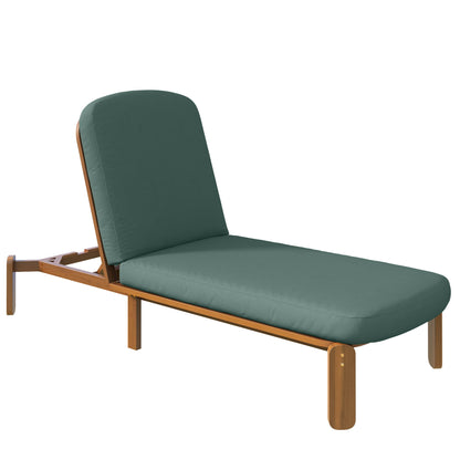 Dark green outdoor chaise lounge with adjustable backrest and padded seat, wood frame.