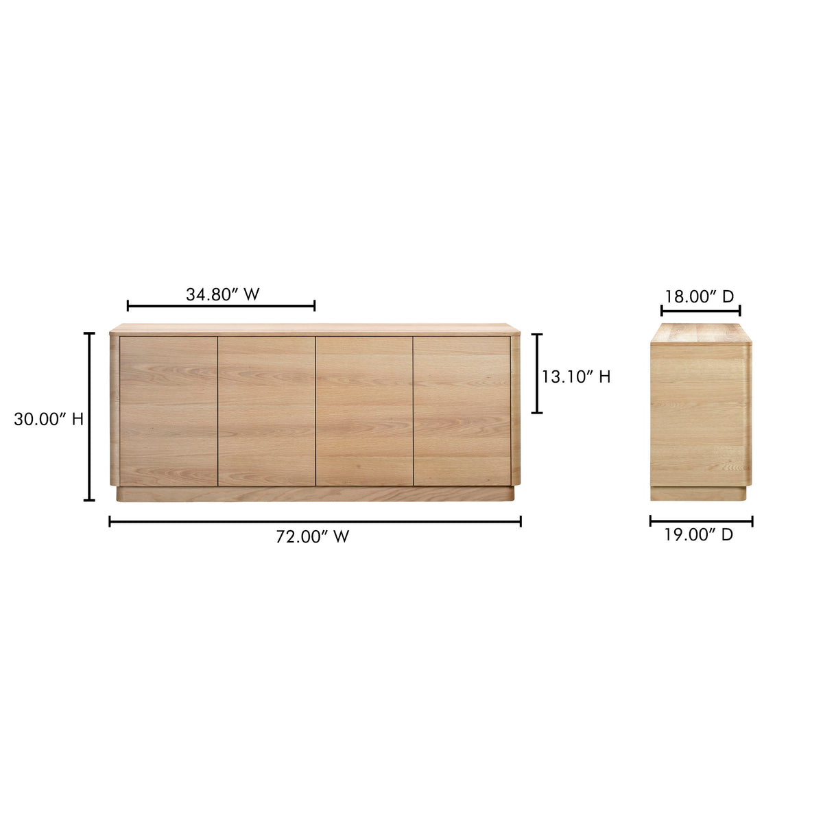 Light brown oak sideboard front view with dimensions and side panel