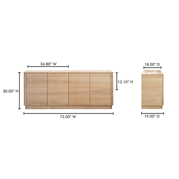 Light brown oak sideboard front view with dimensions and side panel