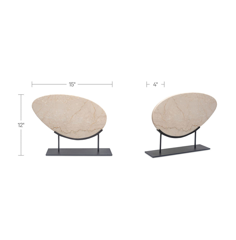 Oval beige stone sculpture on black stand, 12 in high, 15 in long, 4 in deep