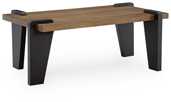 Rectangular wood table with black legs and corner support blocks