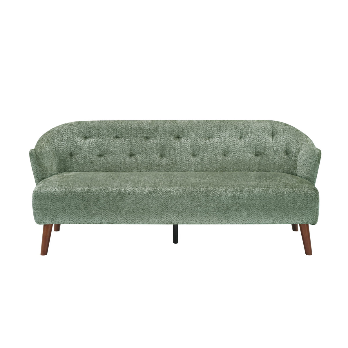 Green tufted upholstered 3-seater couch with curved arms and tapered wood legs