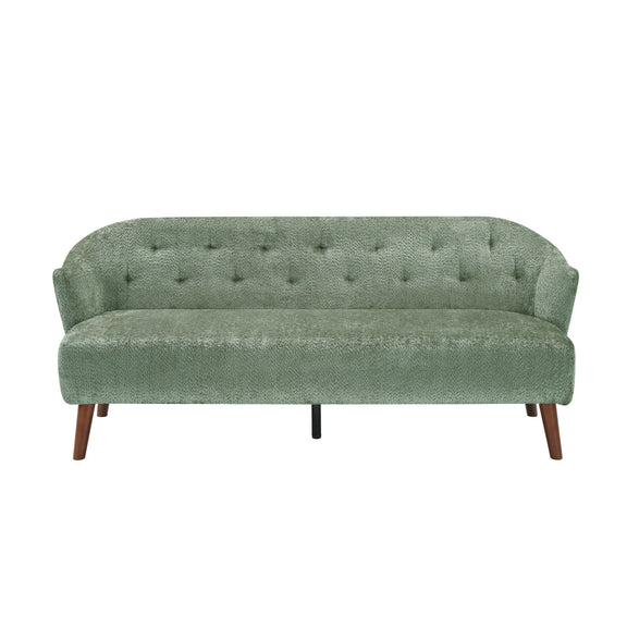 Green tufted upholstered 3-seater couch with curved arms and tapered wood legs