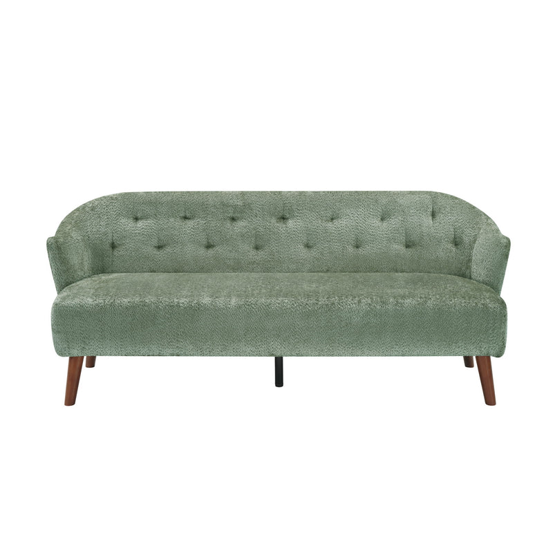 Green tufted upholstered 3-seater couch with curved arms and tapered wood legs