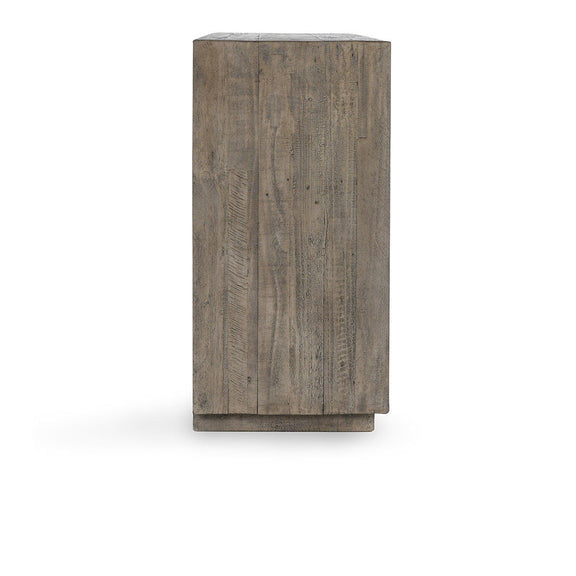 Gray solid wood cabinet end view with vertical wood grain and sturdy base