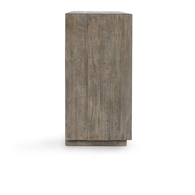 Gray solid wood cabinet end view with vertical wood grain and sturdy base