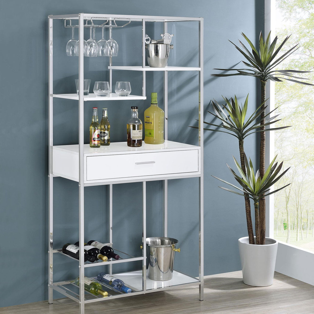 Figueroa 5-shelf LED Wine Storage Bar Cabinet White High Gloss