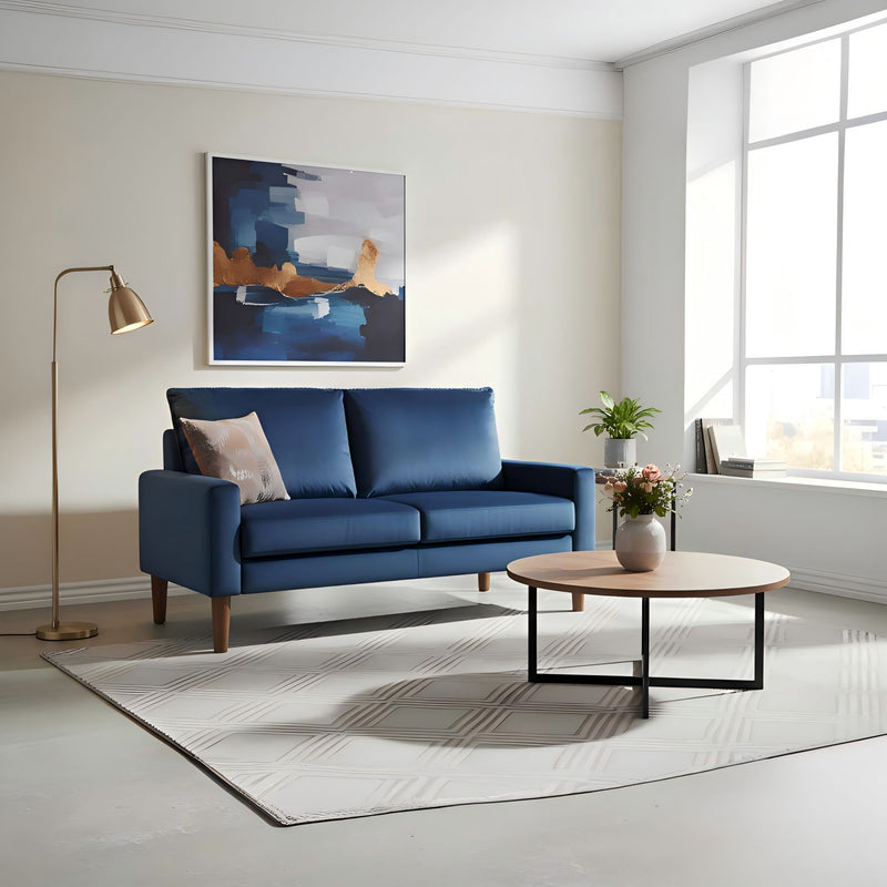 Blue upholstered 2-seat loveseat sofa with two back cushions and wooden legs