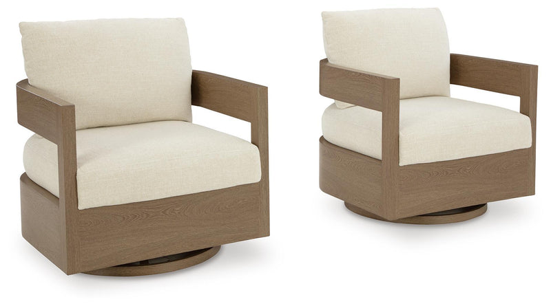 Swivel glider chair with cream cushions and dark brown frame, two angle views