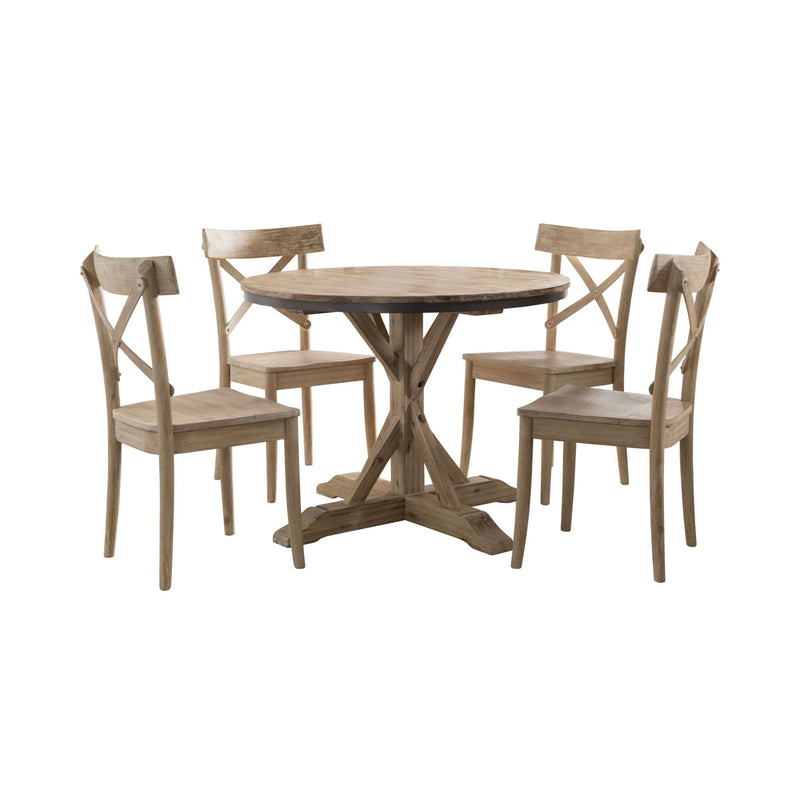 Round light-wood dining table set with four matching chairs