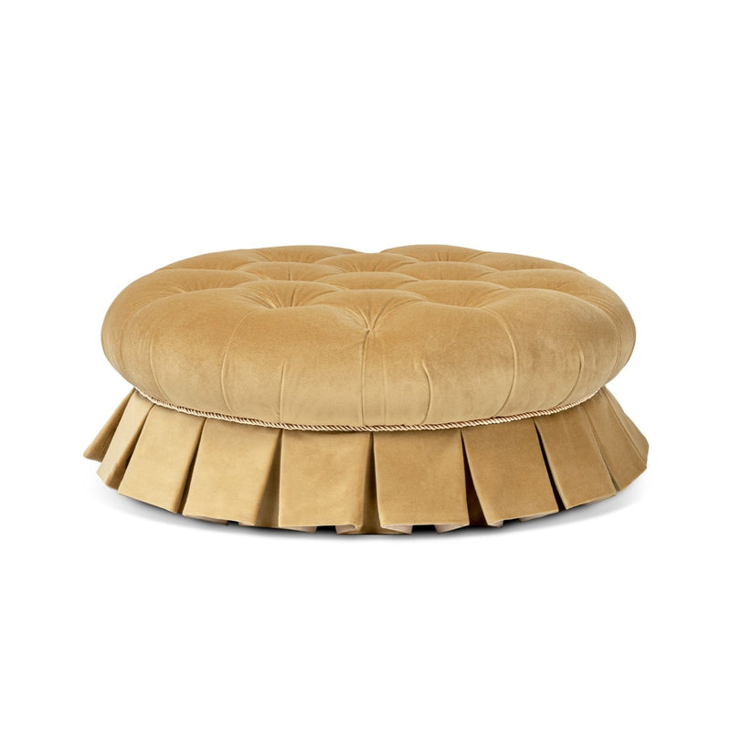 Medium round dog sofa bed with tufted cushioned top and pleated fabric skirt, gold