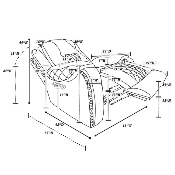 Power recliner single chair line diagram with key measurements and adjustable footrest