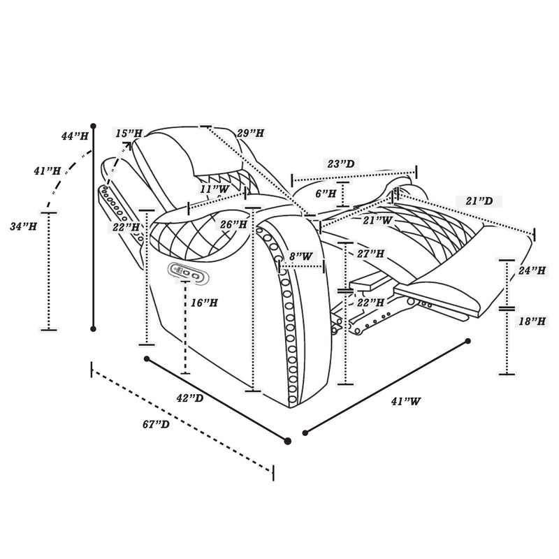 Power recliner single chair line diagram with key measurements and adjustable footrest