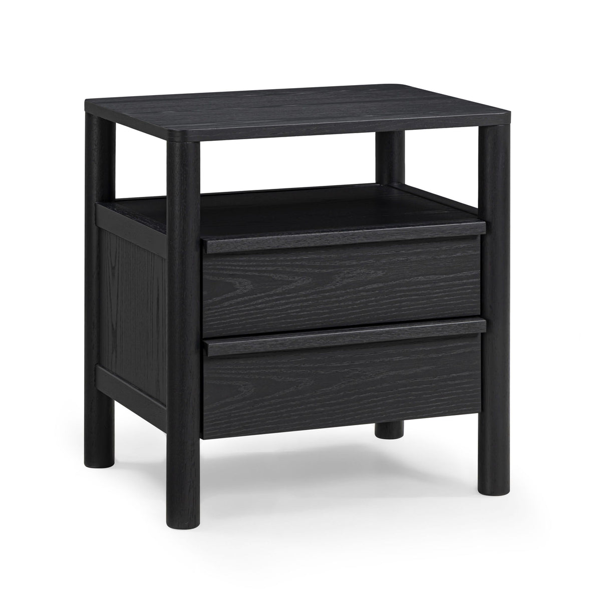 Black nightstand with open shelf and one drawer, dark wood grain finish