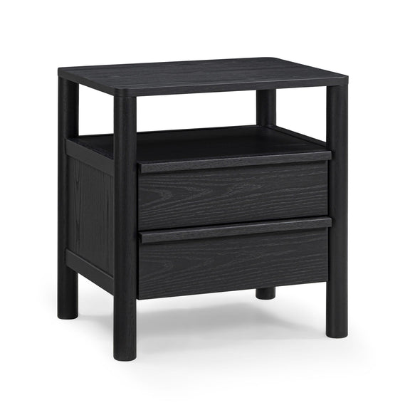 Black nightstand with open shelf and one drawer, dark wood grain finish